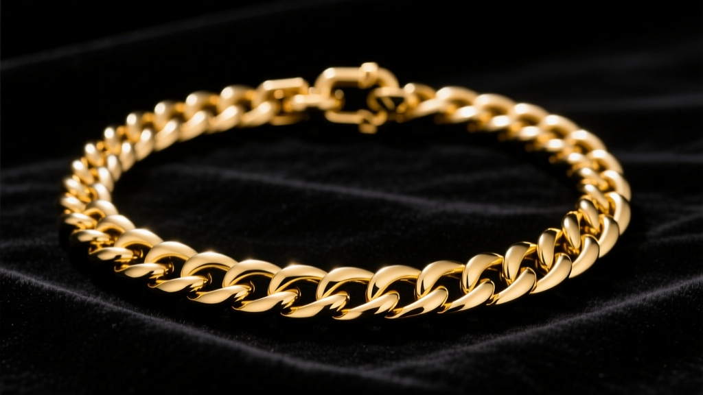 Thick 10mm solid 14k yellow gold Cuban link chain on dark velvet, highlighting intricate clasps under bright studio lighting