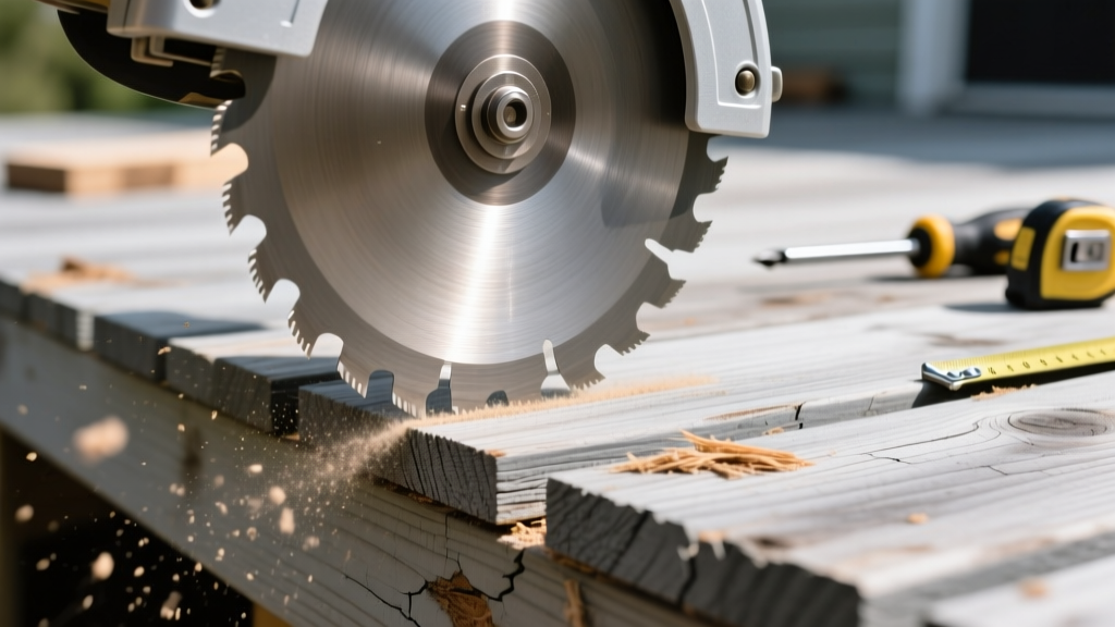 Close-up of a circular saw with a fine-tooth carbide blade cutting through a weathered gray composite deck board during a repair project