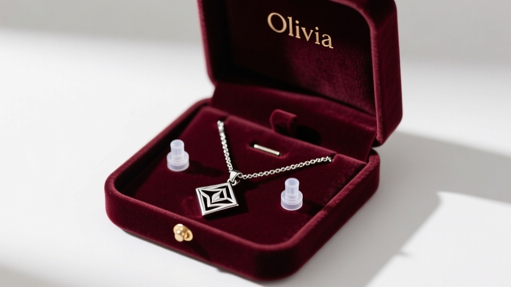 Open anti-tarnish velvet jewelry box showing an Olivia necklace secured by silicone caps on the prongs to prevent chain tangling
