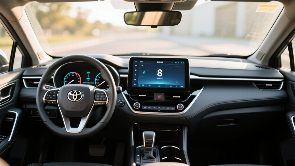 Interior dashboard view of the Toyota Corolla Cross Hybrid highlighting the 8-inch touchscreen and digital driver information display.