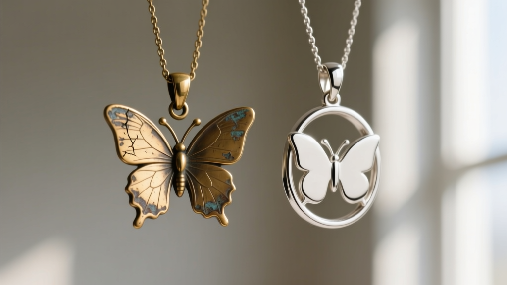 Macro shot comparing a tarnished brass butterfly pendant with a pristine sterling silver one, showing plating wear on edges