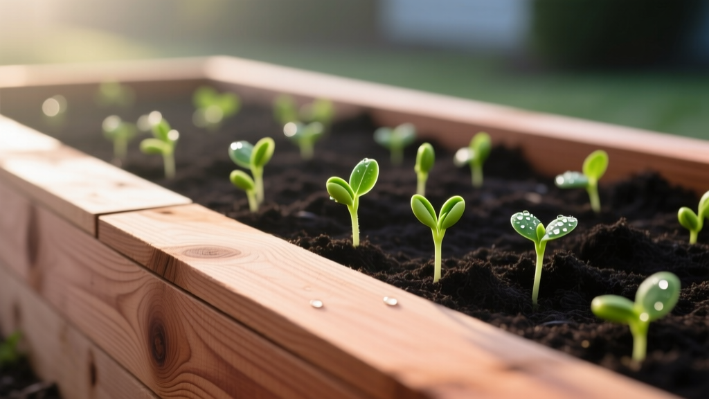 Rough-sawn Western red cedar boards next to a freshly built raised garden bed filled with dark soil and spring seedlings in morning light