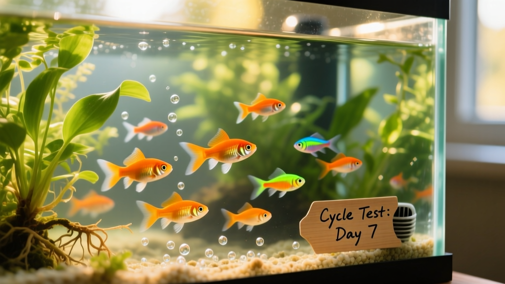 Close-up of a healthy freshwater aquarium with clear water, live plants, and active fish