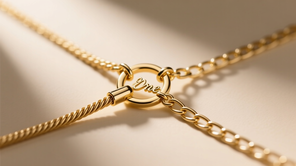 Detail view of a 1.2mm gold cable chain and 1.5mm box chain attached to a script pendant, showcasing the clasp and jump rings.