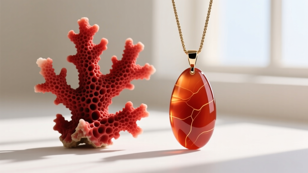 Macro view comparing natural Mediterranean red coral and polished carnelian quartz cornicello pendants to show texture differences.