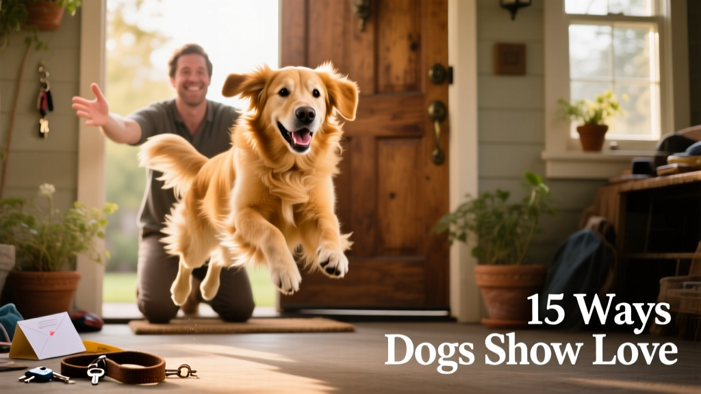 A golden retriever leaping joyfully toward its owner at the front door