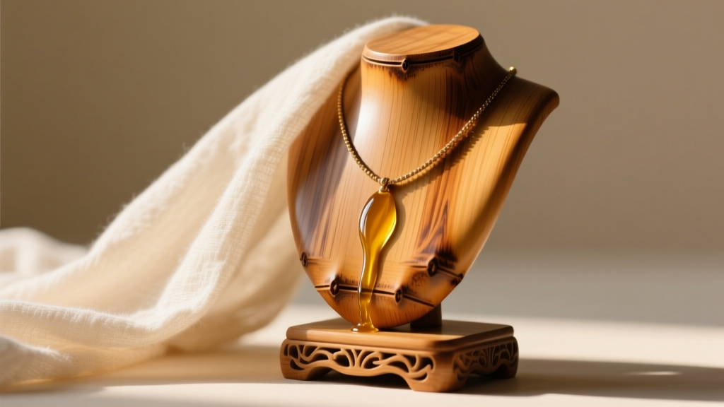 Close-up of a soft cloth applying mineral oil to a carved bamboo necklace stand, highlighting the natural wood grain texture.