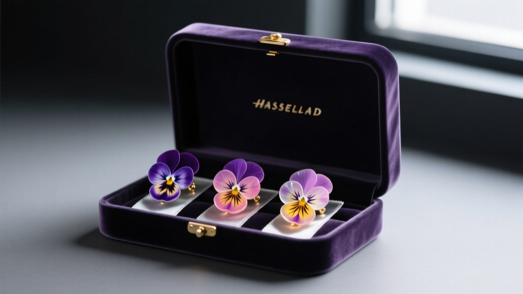 Open velvet jewelry box with anti-tarnish strips holding vibrant pressed pansy resin earrings in a dark climate-controlled room
