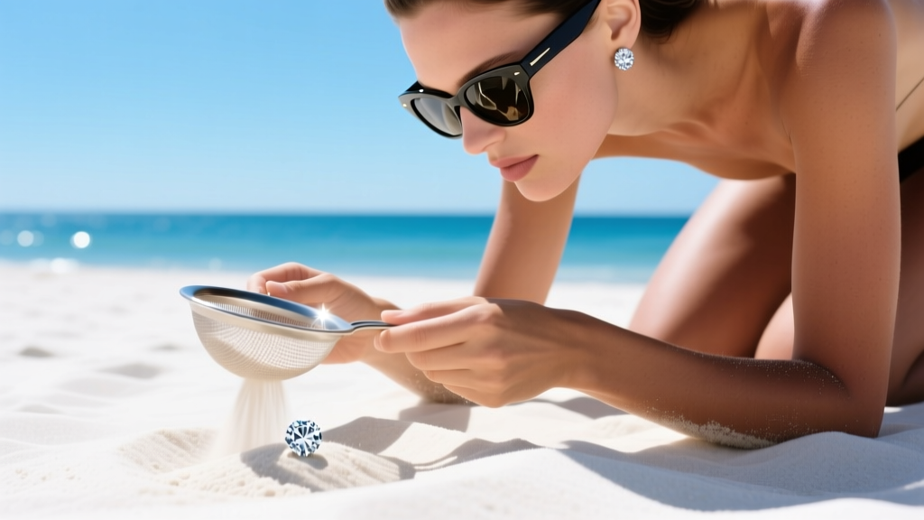 Person using a sand sifter and polarized glasses to find a lost diamond earring on a white beach in bright midday sunlight