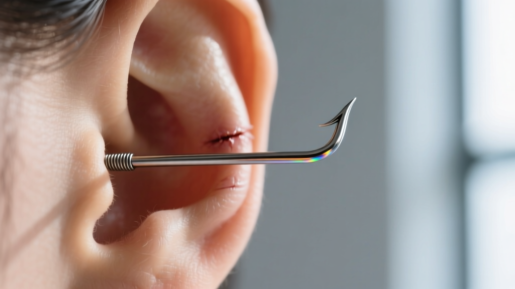 Macro shot of a 20-gauge titanium fishhook wire through a healed earlobe, highlighting the smooth and hypoallergenic metal surface