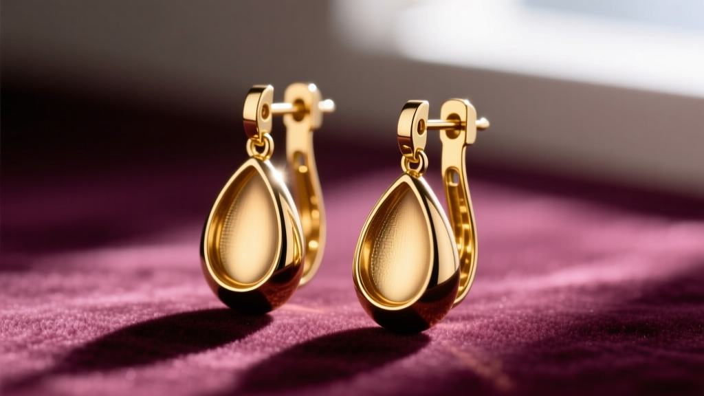 Macro shot of 14k yellow gold teardrop earrings in sunlight, highlighting polished metal and secure leverback clasps on velvet