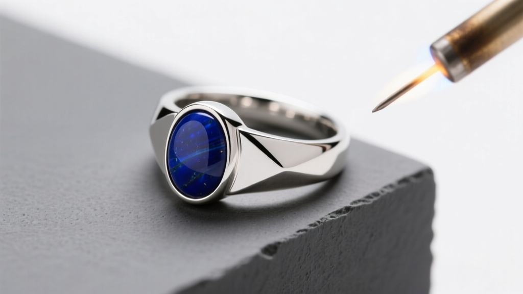 Polished Argentium silver ring with a bezel-set oval lapis cabochon resting on a charcoal block near a micro-torch.