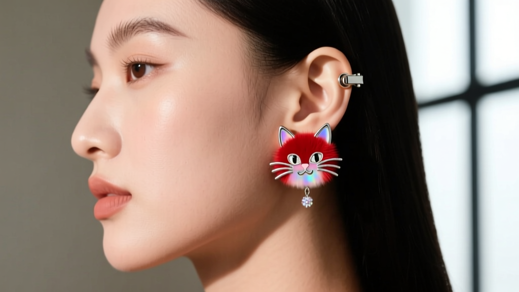 Side profile of a woman wearing a whimsical cat face stud earring, highlighting the secure locking back and flush micro-dangles