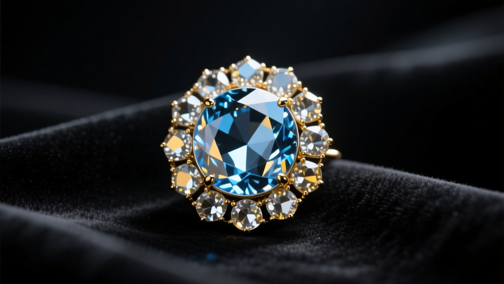 Vintage foil-backed glass rhinestone brooch on dark velvet, lit by soft directional light showing brilliant facets.