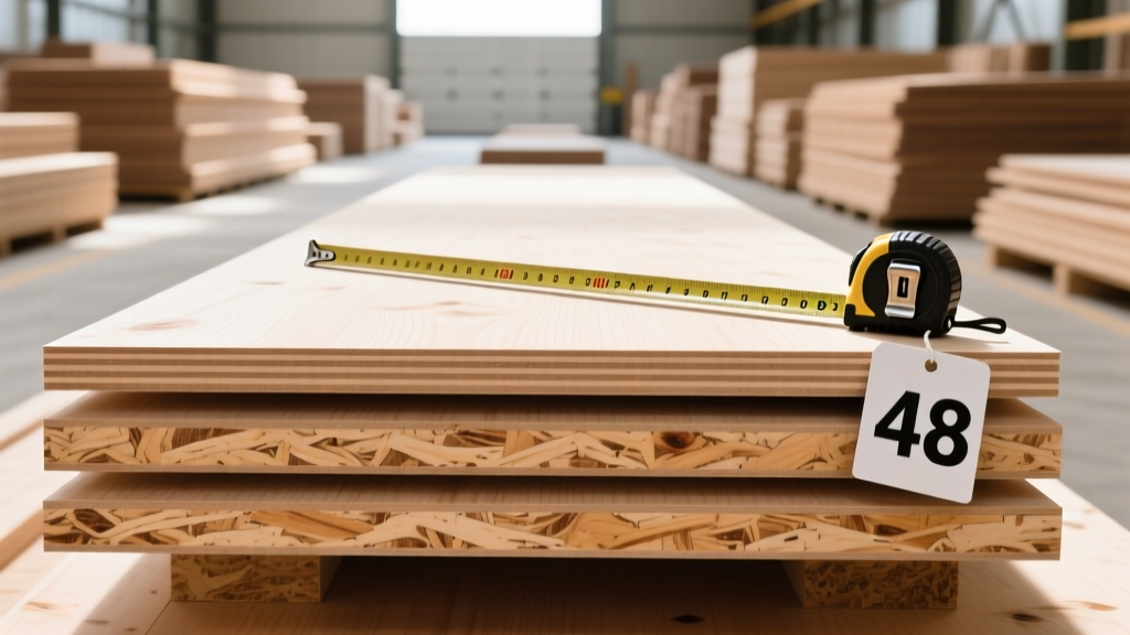 Stacked 4x8 sheets of birch hardwood plywood and OSB in a well-lit lumber yard, with a tape measure and price tag visible
