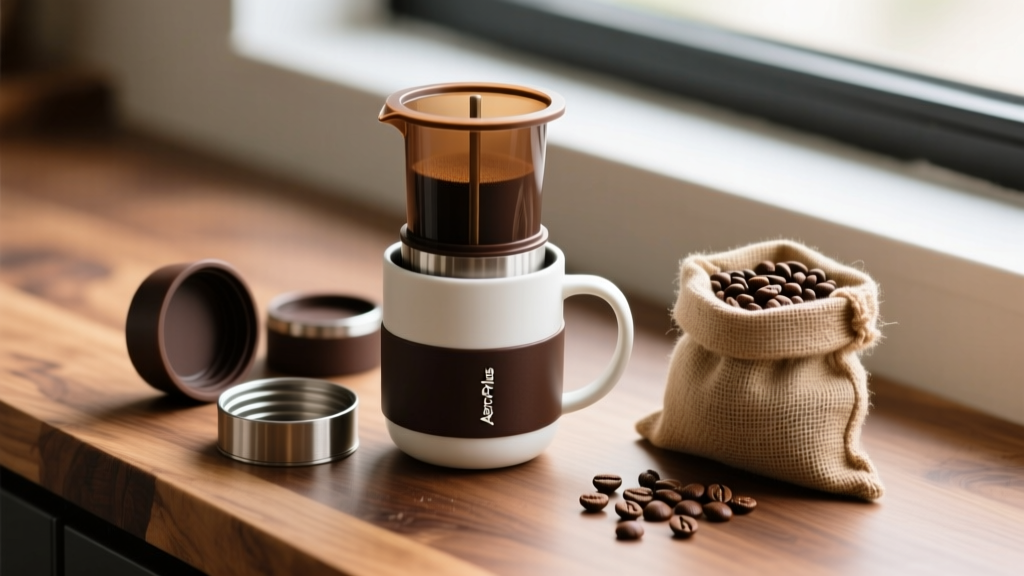 Disassembled AeroPress Go Plus travel coffee press nestled inside its own mug next to a bag of whole bean coffee on a wooden counter
