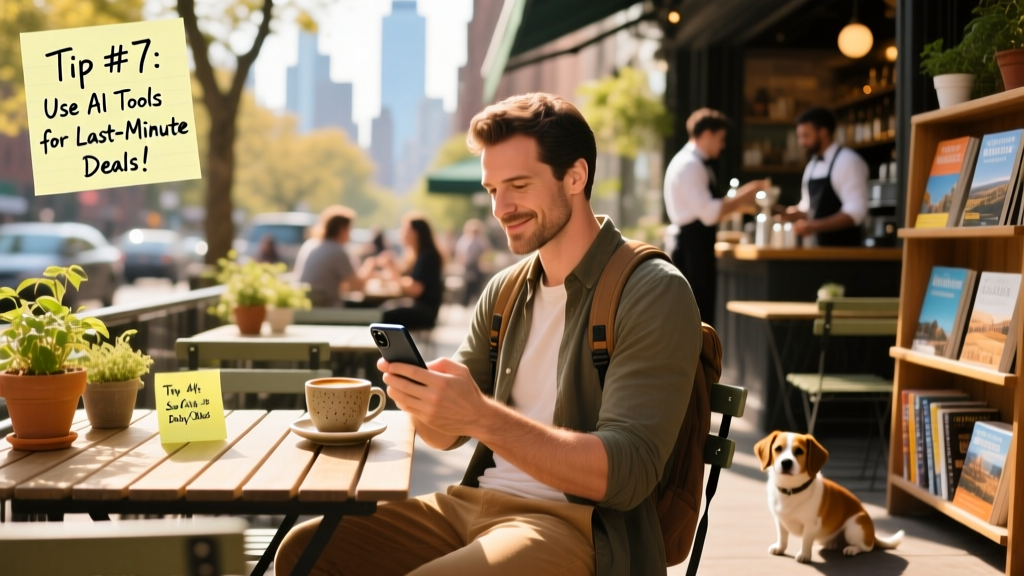 A traveler checking flight prices on a smartphone while sipping coffee at a sunny café