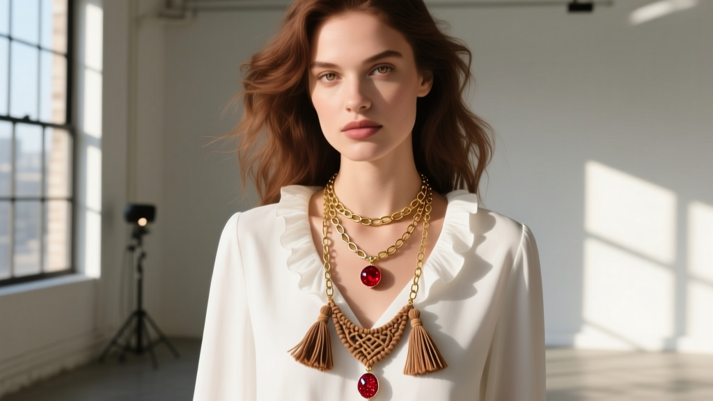 Model wearing layered necklaces: 16-inch gold chain, 18-inch paperclip chain with pyrope garnet, and a 22-inch bohemian tassel.