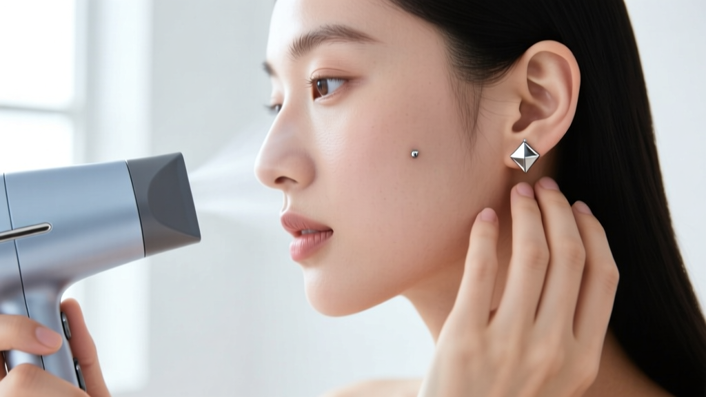 Person drying a 16g titanium flat-back labret in their upper cartilage piercing with a cool hairdryer after washing the jewelry