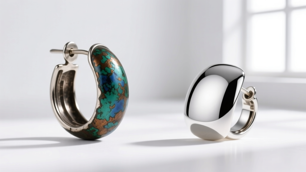Side-by-side comparison of a heavily patinated 800 silver French earring and a fully polished 950 silver Minerve standard piece