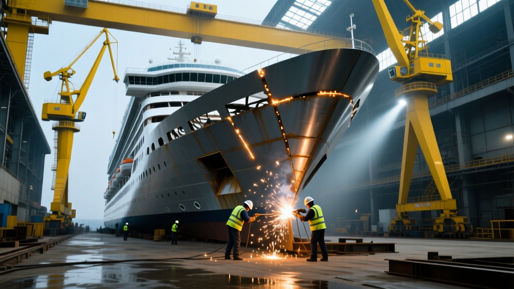 Massive half-completed cruise ship hull in a dry dock with towering yellow gantry cranes and workers welding steel plates under bright floodlights