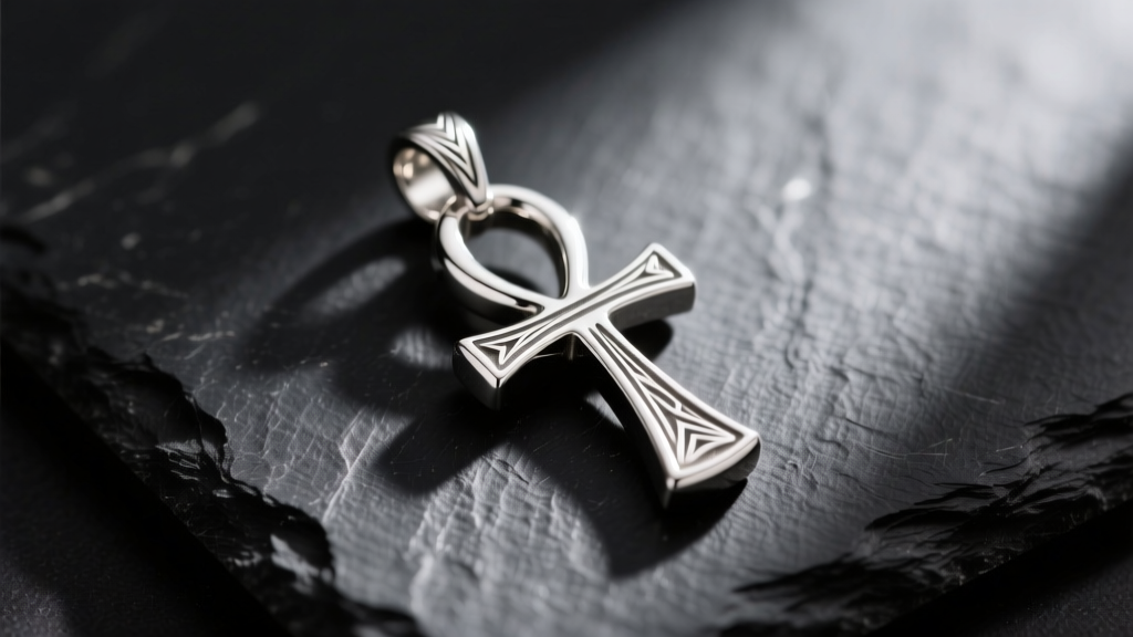 Macro shot of a solid sterling silver ankh pendant on black slate, highlighting lost-wax casting details and a brushed finish.