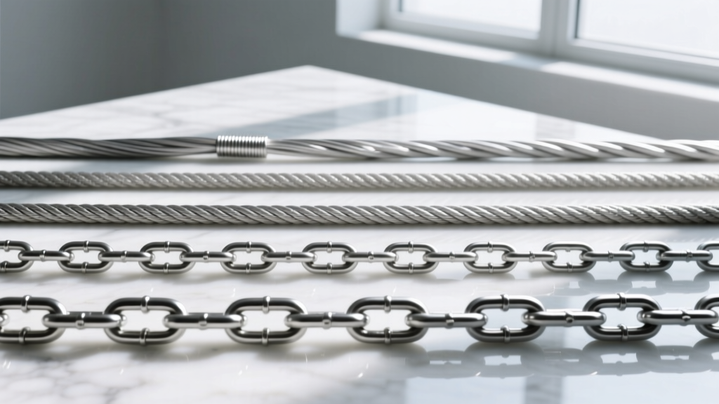 Macro shot of silver cable, rope, and curb chains on marble, showing varying gauges and precise two-inch layering spacing gaps.