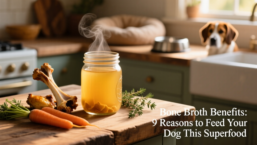 Glass jar of golden bone broth next to fresh chicken bones, carrots, and thyme on a wooden counter