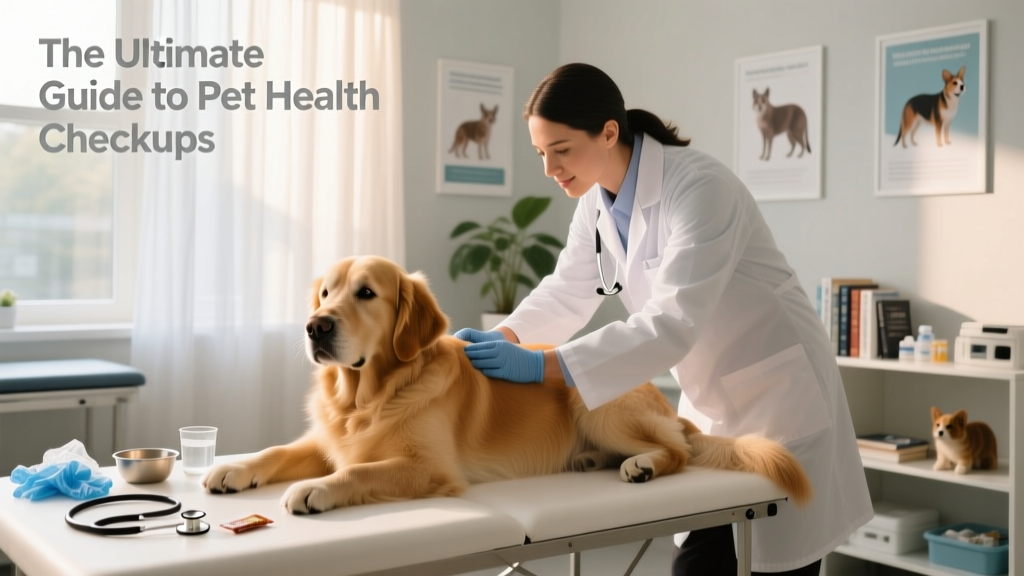 A calm, well-lit veterinary exam room with a veterinarian gently examining a relaxed dog on the examination table