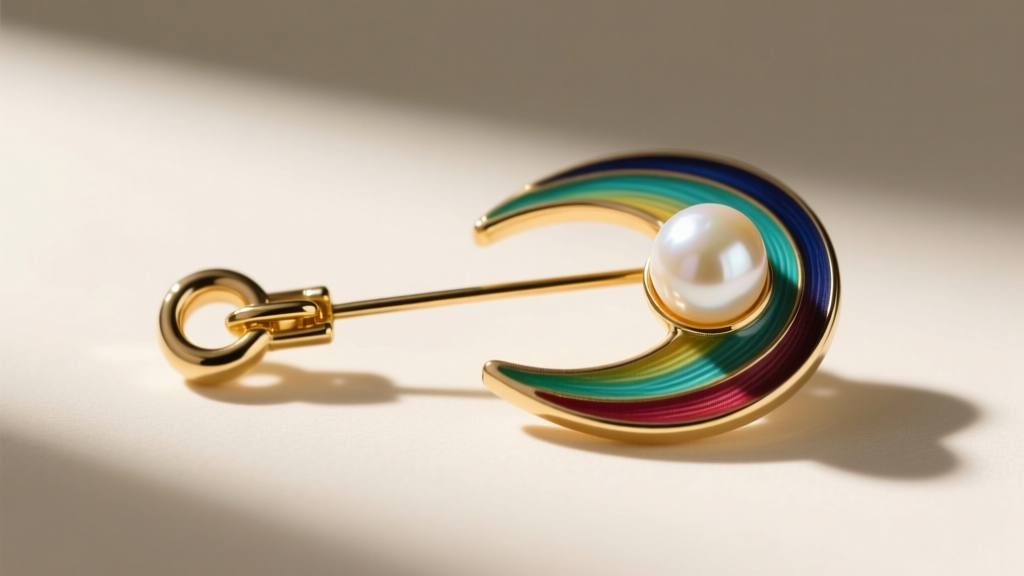 Side profile of an enamel and pearl brooch jewelry piece showing a secure locking safety catch and a pristine 18-gauge gold pin