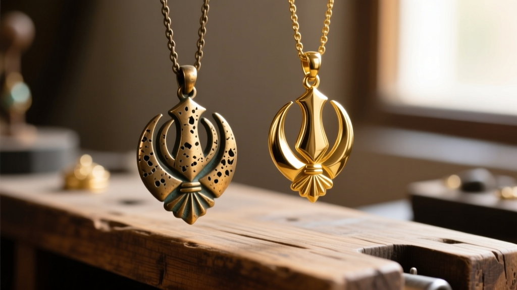 Macro shot comparing a porous stamped brass Khanda pendant to a crisp 14k gold Khanda on a wooden jeweler's bench