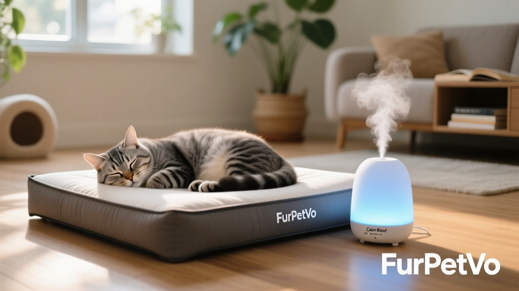 Happy cat napping peacefully on a FurPetVo ZenBed next to a glowing FurPetVo CalmBlend diffuser