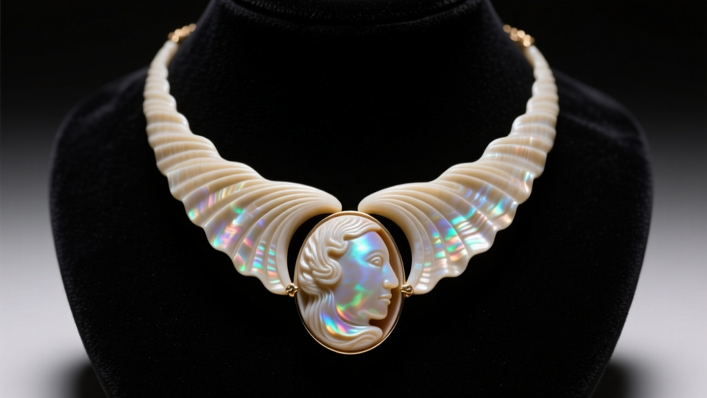 Antique carved shell cameo necklace on dark velvet, showing intricate ridges and nacre under soft directional studio lighting.