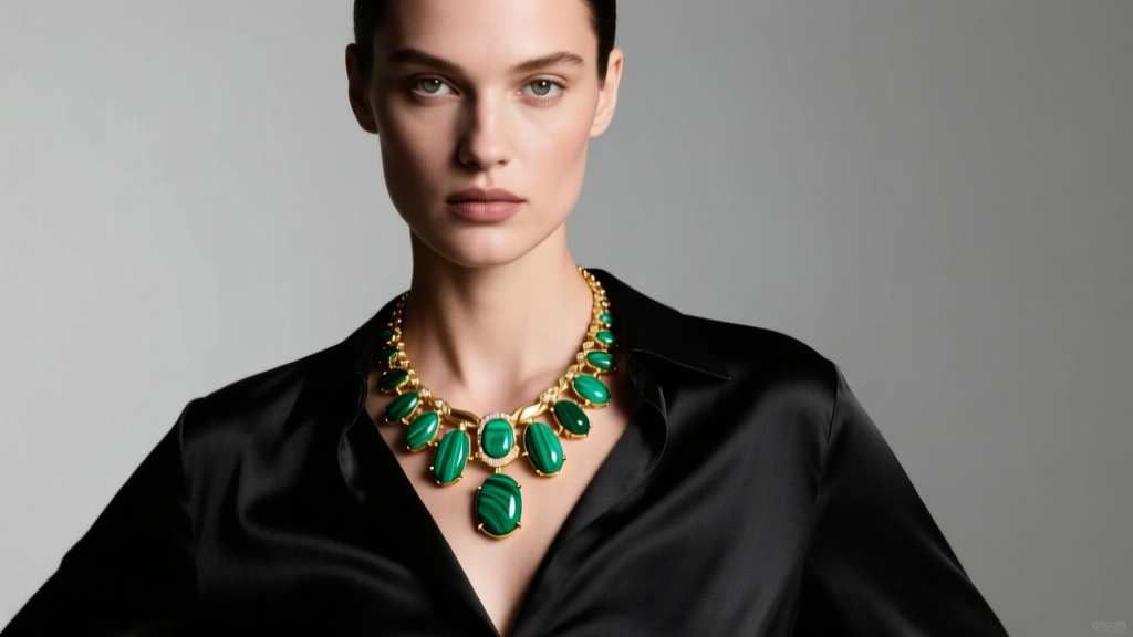 Model wearing a bold 18k gold vermeil and malachite statement necklace over a black silk blouse under soft studio lighting