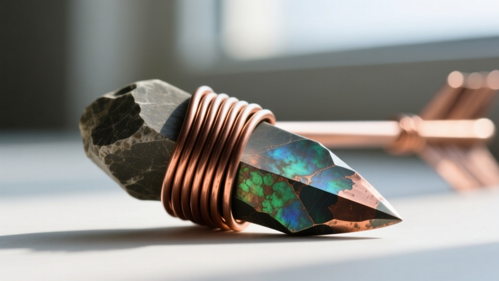 Macro shot of half-hard copper wire wrap securing a knapped flint arrowhead, highlighting the tight weave and rich metal patina.