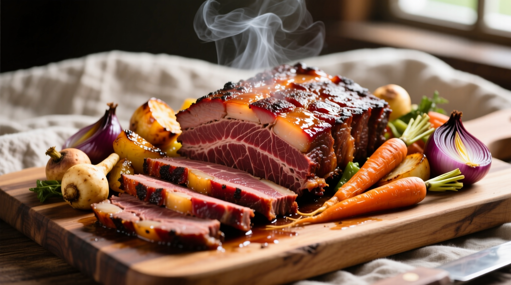 Perfectly cooked corned beef brisket with vegetables