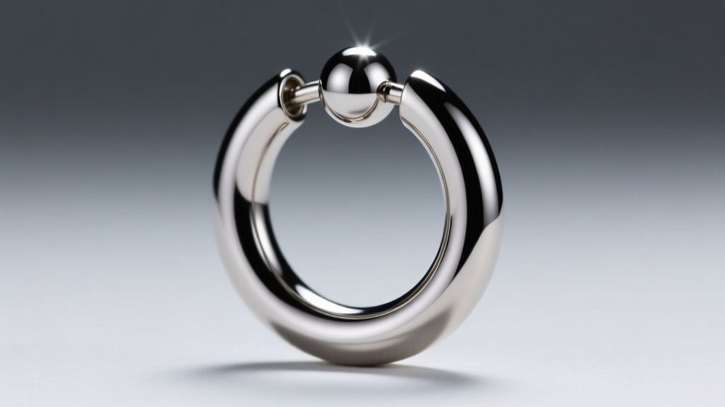 Close-up of 16-gauge titanium seamless hoop earring with bead captive closure, illuminated by cool directional studio lighting