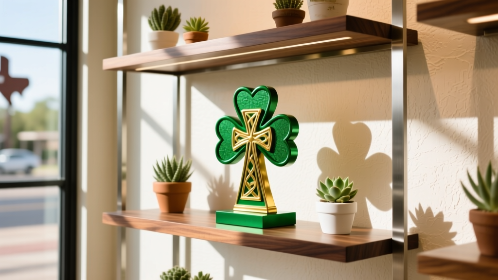 Display rack in a Texas boutique featuring St. Patrick's Day novelty earrings with glowing green and gold LED elements