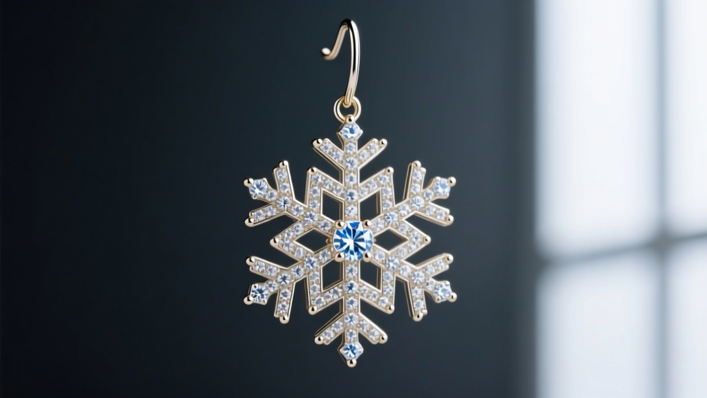 Close-up of a white gold geometric snowflake dangle earring with pavé moissanite on dark slate under soft studio lighting