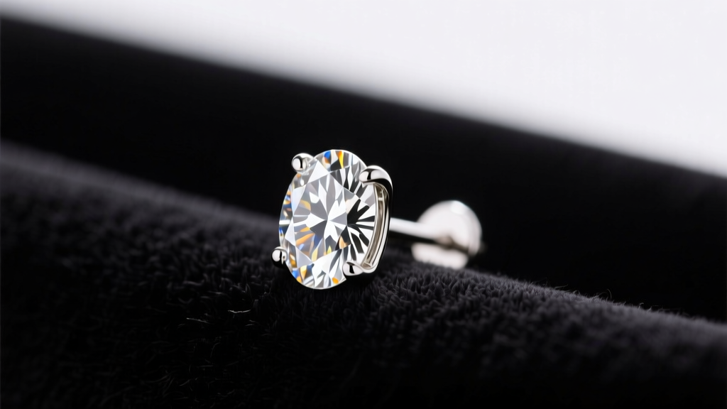 Close-up of 1-carat oval stud diamond earrings in white gold martini settings resting on dark velvet under soft studio lighting