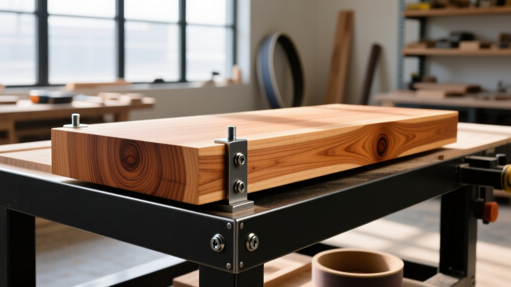 Close-up of a thick edge-grain hard maple butcher block slab being bolted to a heavy-duty steel workbench frame in a modern woodworking shop