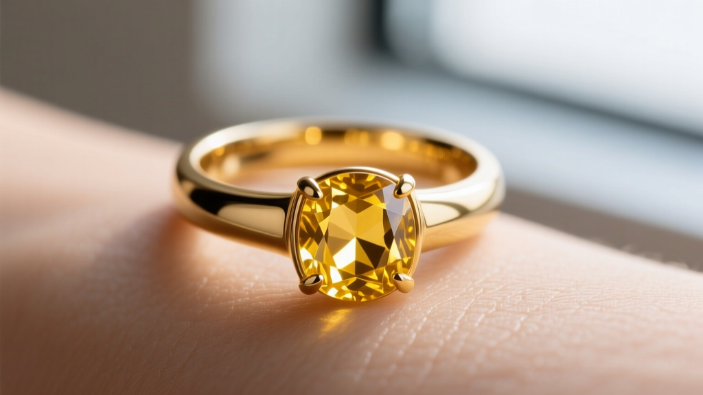 Macro shot of an open-back 22k gold bezel holding a natural unheated yellow sapphire, revealing direct skin contact on the underside.