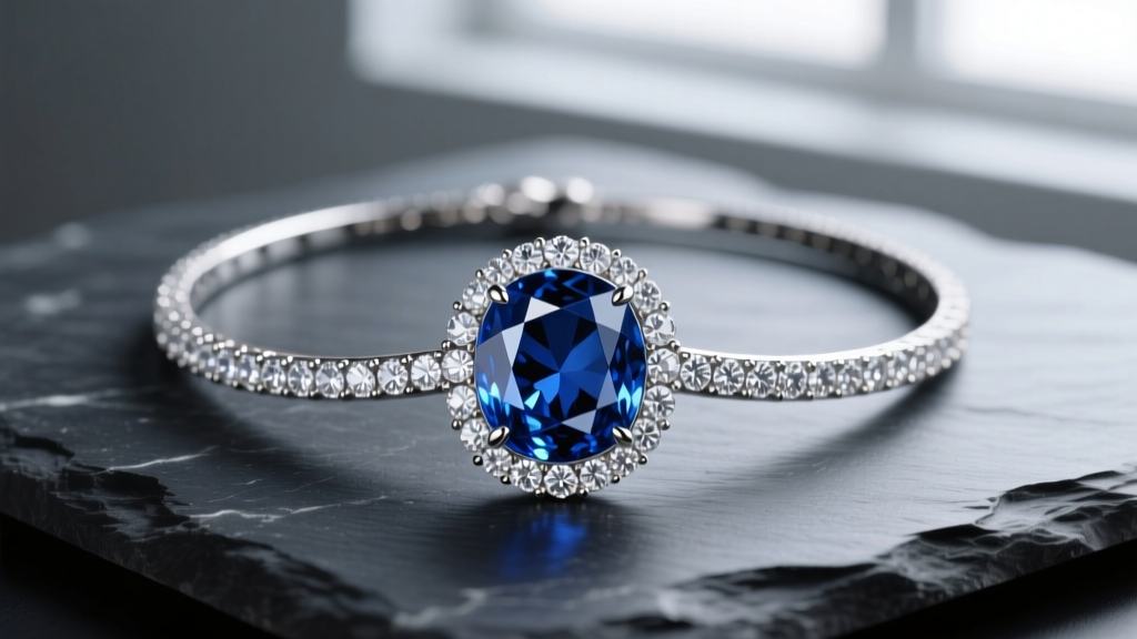 Close-up of a London blue topaz and diamond necklace resting on dark slate, highlighting the inky gem and sparkling pavé halo.