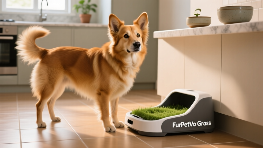 Close-up of a medium-sized dog confidently using the FurPetVo Grass Portable Potty Trainer on a tiled kitchen floor