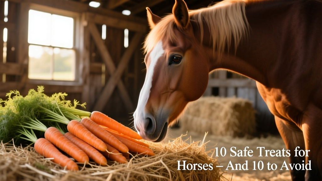 Fresh orange carrots arranged on straw beside a curious horse