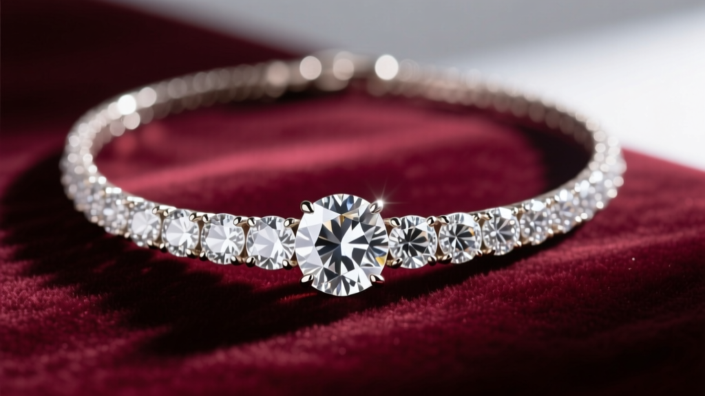 Macro shot of a graduated diamond tennis necklace on velvet, showing transition from large center gems to smaller edge diamonds