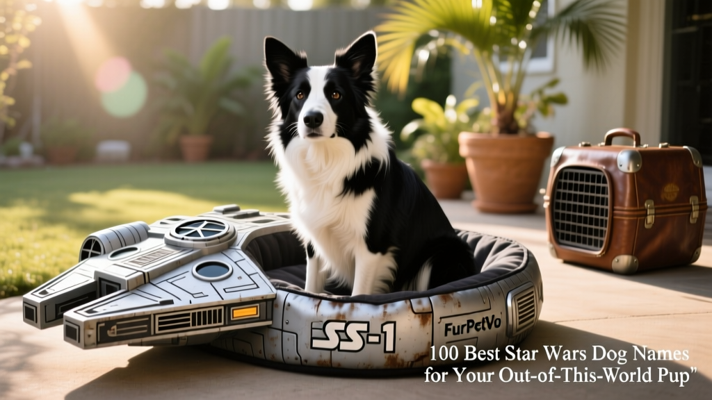 A black-and-white border collie sitting attentively beside a custom FurPetVo Star Wars-themed dog bed shaped like the Millennium Falcon