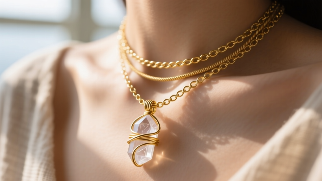 Close-up of a delicate 14k gold-filled cable chain necklace layered with a vintage-style wire-wrapped quartz pendant on a collarbone