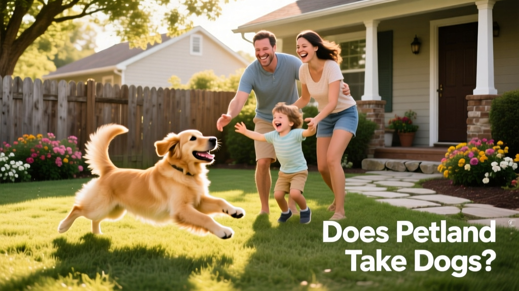 A happy dog playing in a backyard with their new adoptive family