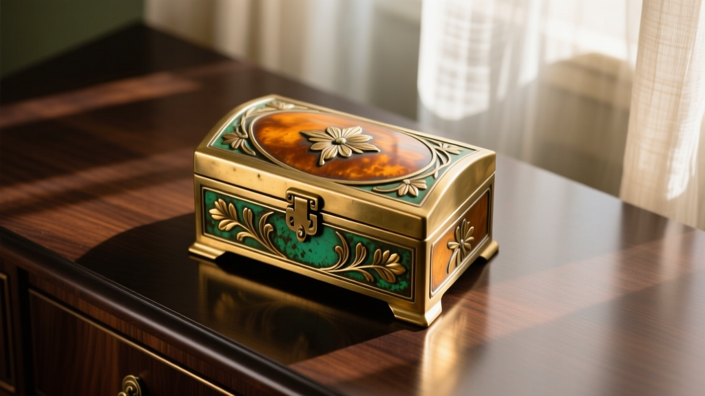 Overhead view of an ornate 1920s vintage brass jewelry box with heavy patina, resting on a dark oak dresser in soft morning light